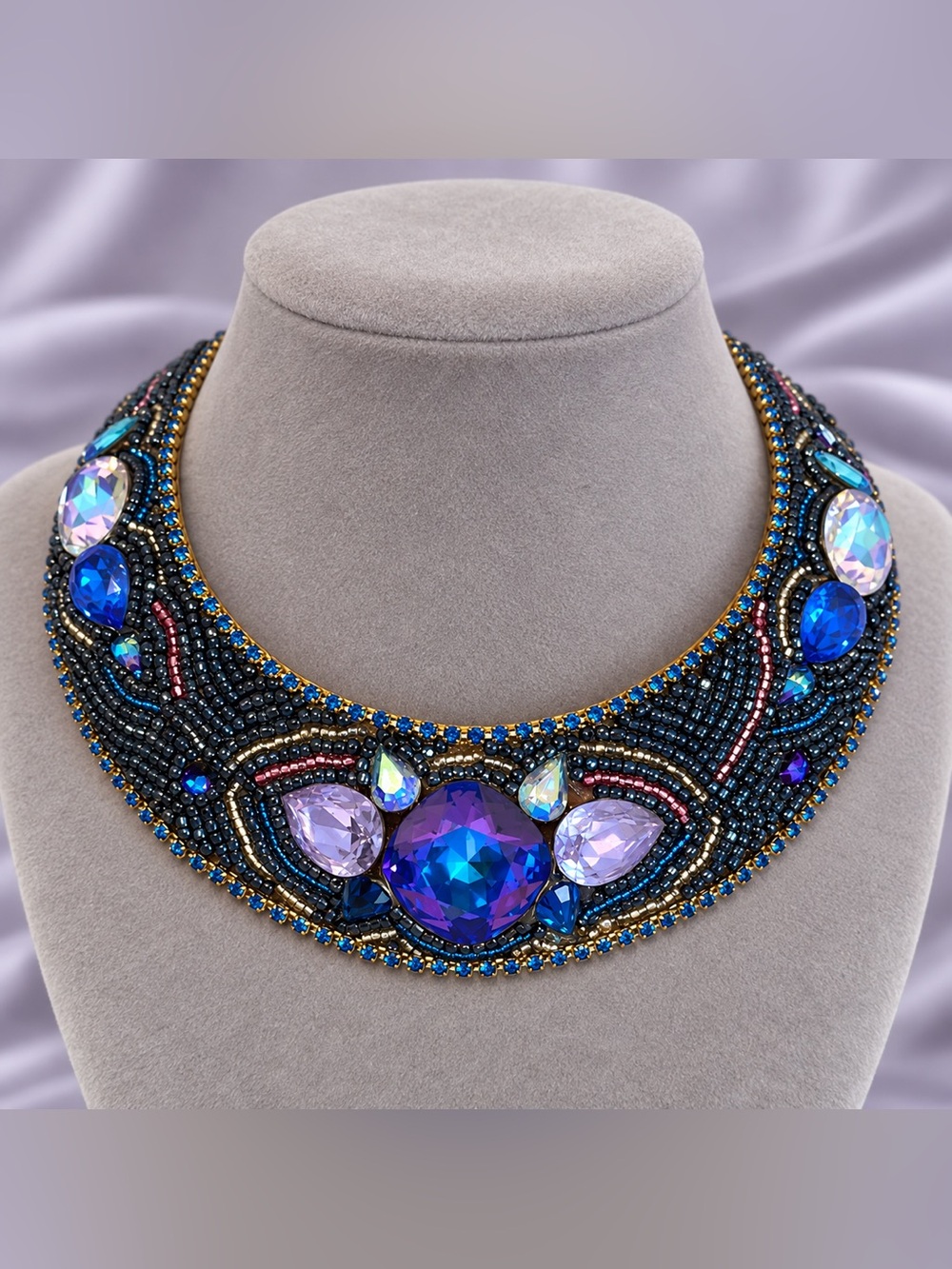 M.J. Hansen Signed Peacock Blue Purple Jeweled Statement Collar Necklace
